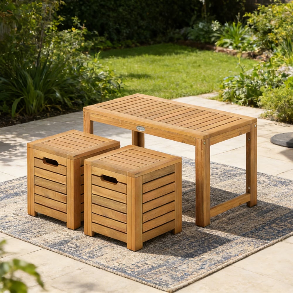 Acacia Wood Outdoor Coffee Table With Stools Set Of 3 Pieces Patio Table And Stools Set For Balcony, Patio, Porch, Garden And Other Limited Space_voghion.com